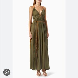 CARAVANA Pomolche Leather trimmed Maxi Dress tie Cotton Gauze Olive OS NWT NEW